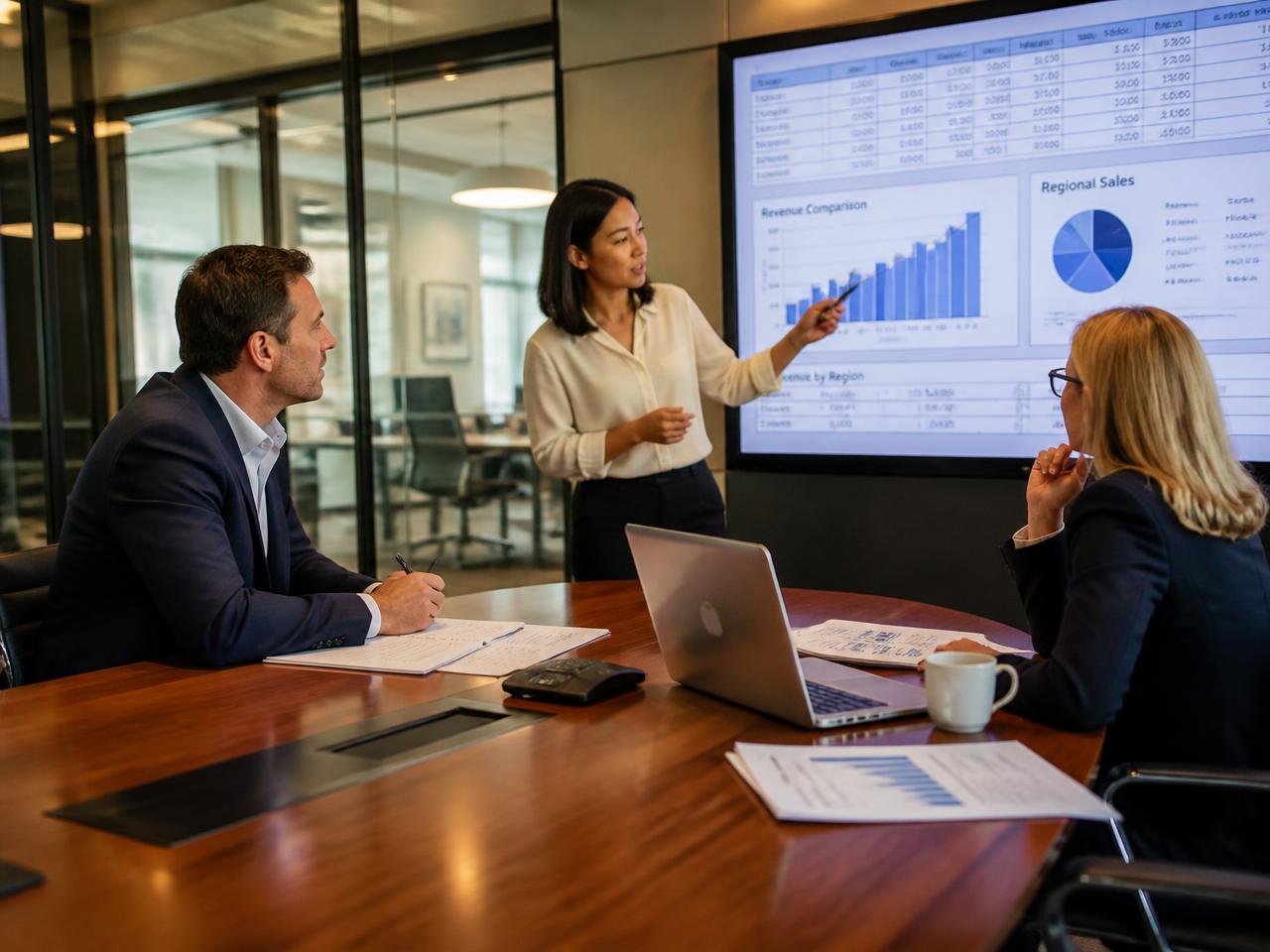 Executives reviewing financial reports in a boardroom discussion