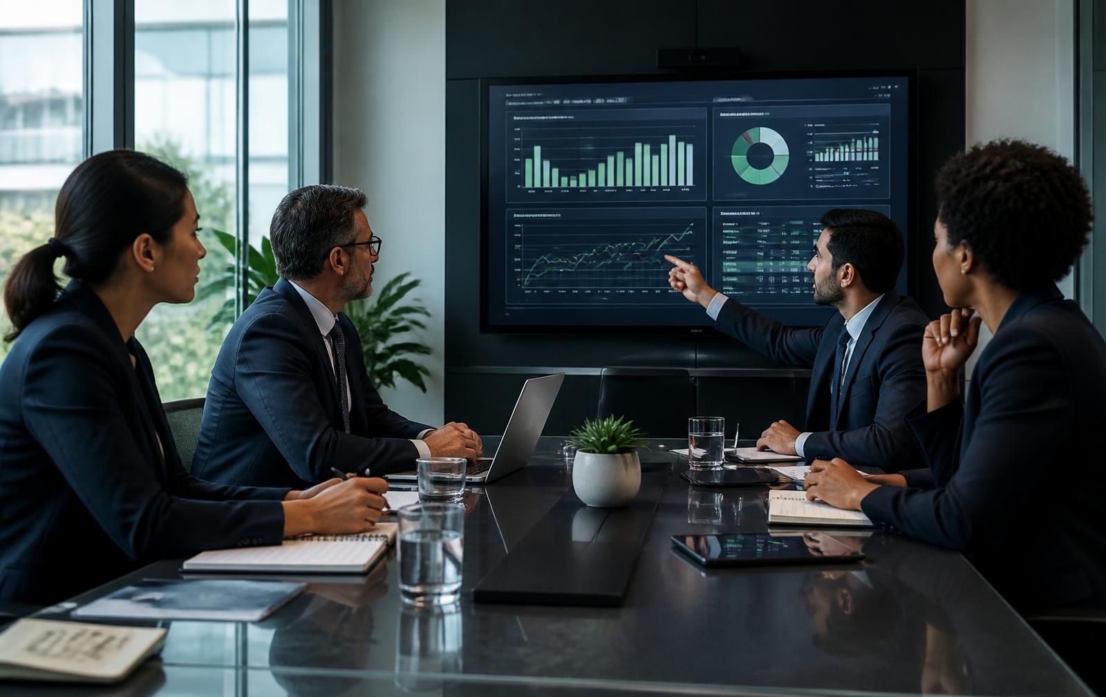 Executive leadership team reviewing healthcare cost and claims dashboards in a conference room